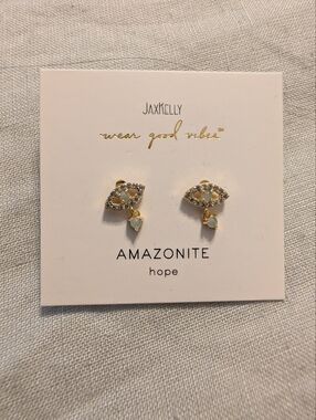 JaxKelly Evil Eye Amazonite & Crystal Gold Drop Earrings Blue Green Studs